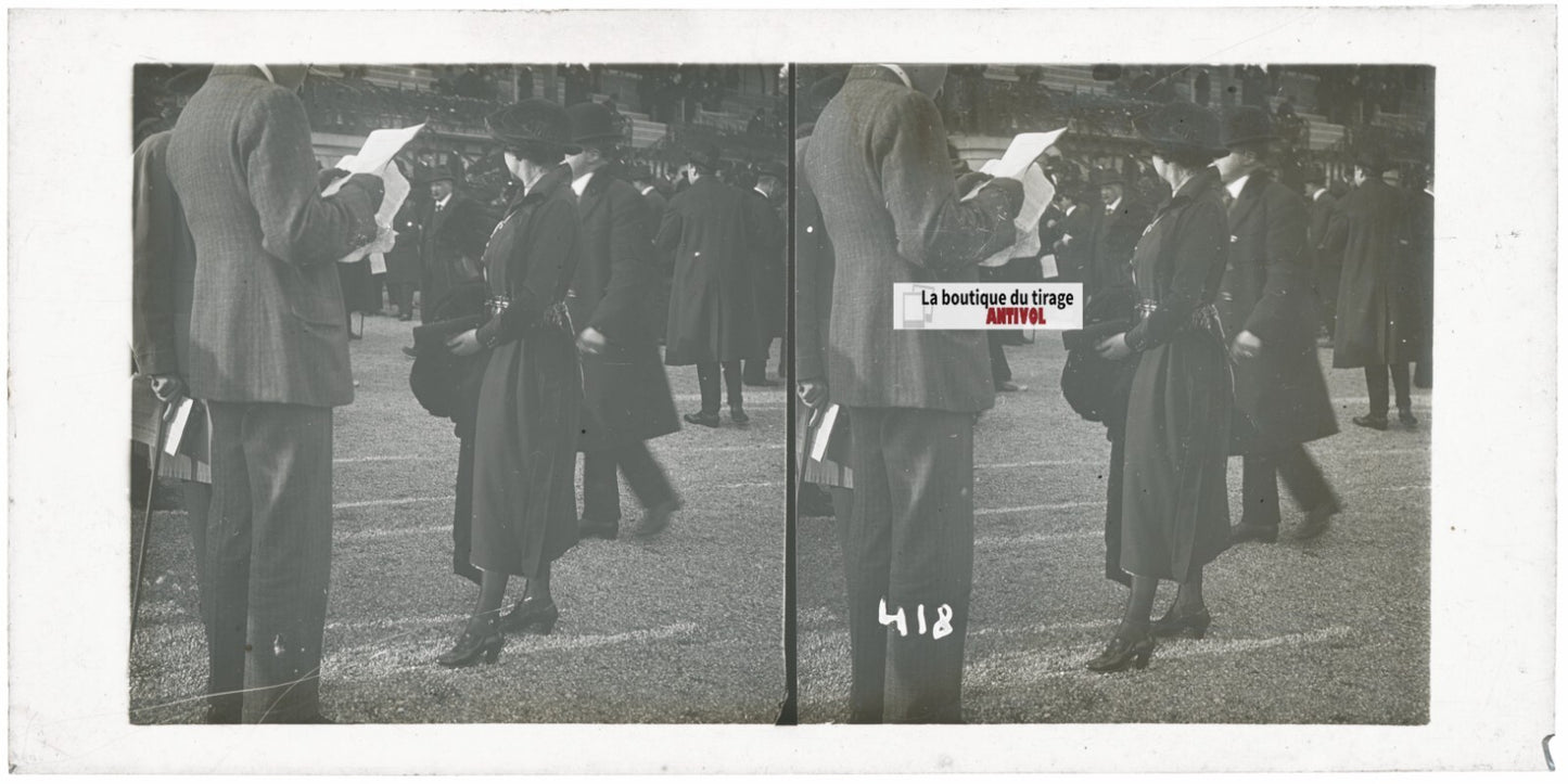 Personnages, Longchamp, Paris, plaque verre stéréoscopique, positif 8,5x17 cm