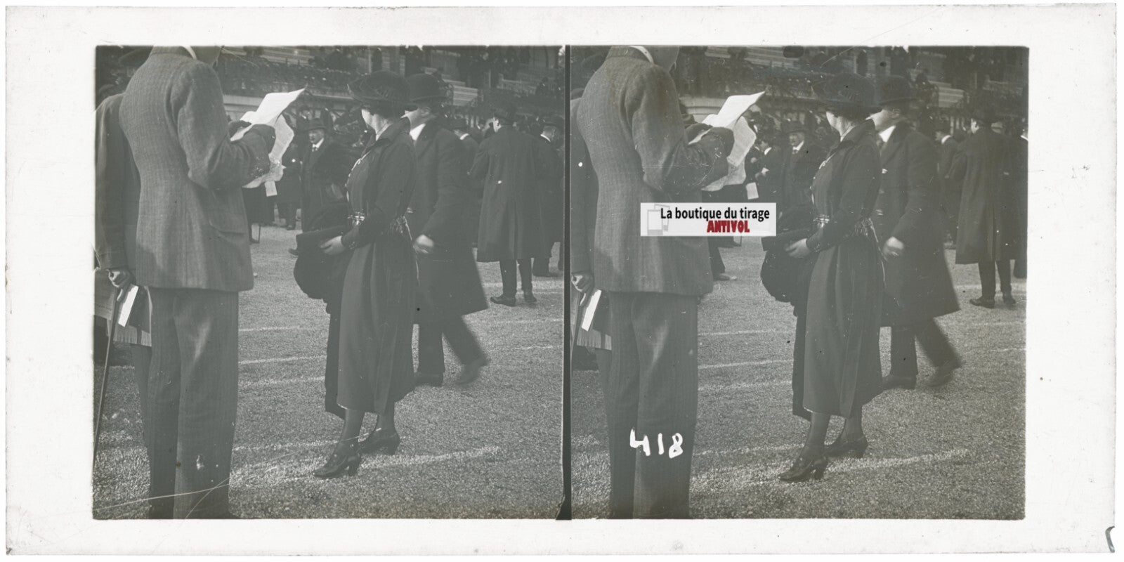 Personnages, Longchamp, Paris, plaque verre stéréoscopique, positif 8,5x17 cm