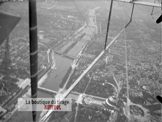 Vue aérienne Paris, Seine, plaque verre, photo ancienne, négatif 9x12 cm