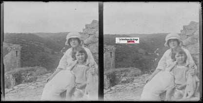 Ruine, personnages, Bretagne, stéréoscopie, photo plaque verre, négatif 9x18 cm