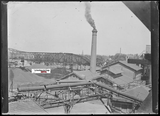 Usine, entreprise, Plaque verre photo ancienne, négatif noir & blanc 6x9 cm