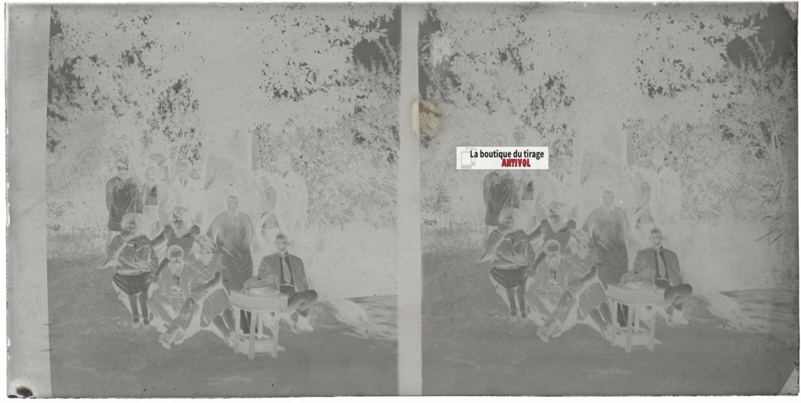 Famille, promenade, stéréoscopie, photo ancienne plaque verre, négatif 9x18 cm