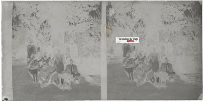 Famille, promenade, stéréoscopie, photo ancienne plaque verre, négatif 9x18 cm