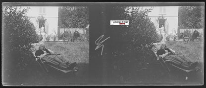 Détente, maison, Plaque verre photo stéréo, négatif noir & blanc 4,5x10,7 cm