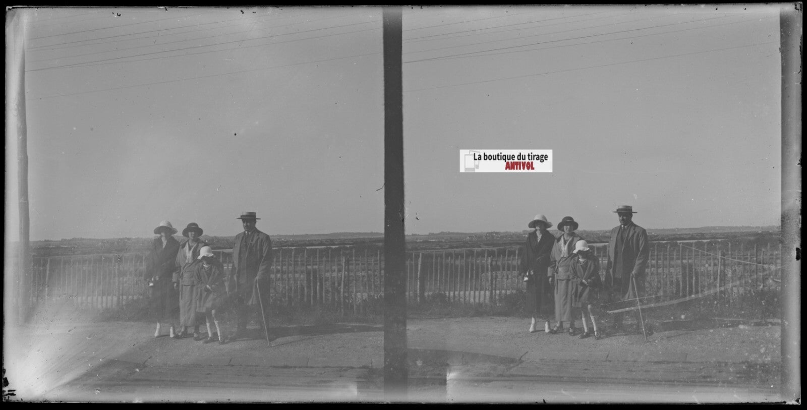 Famille, paysage, nature, stéréoscopie plaque ancienne verre, négatif 9x18 cm