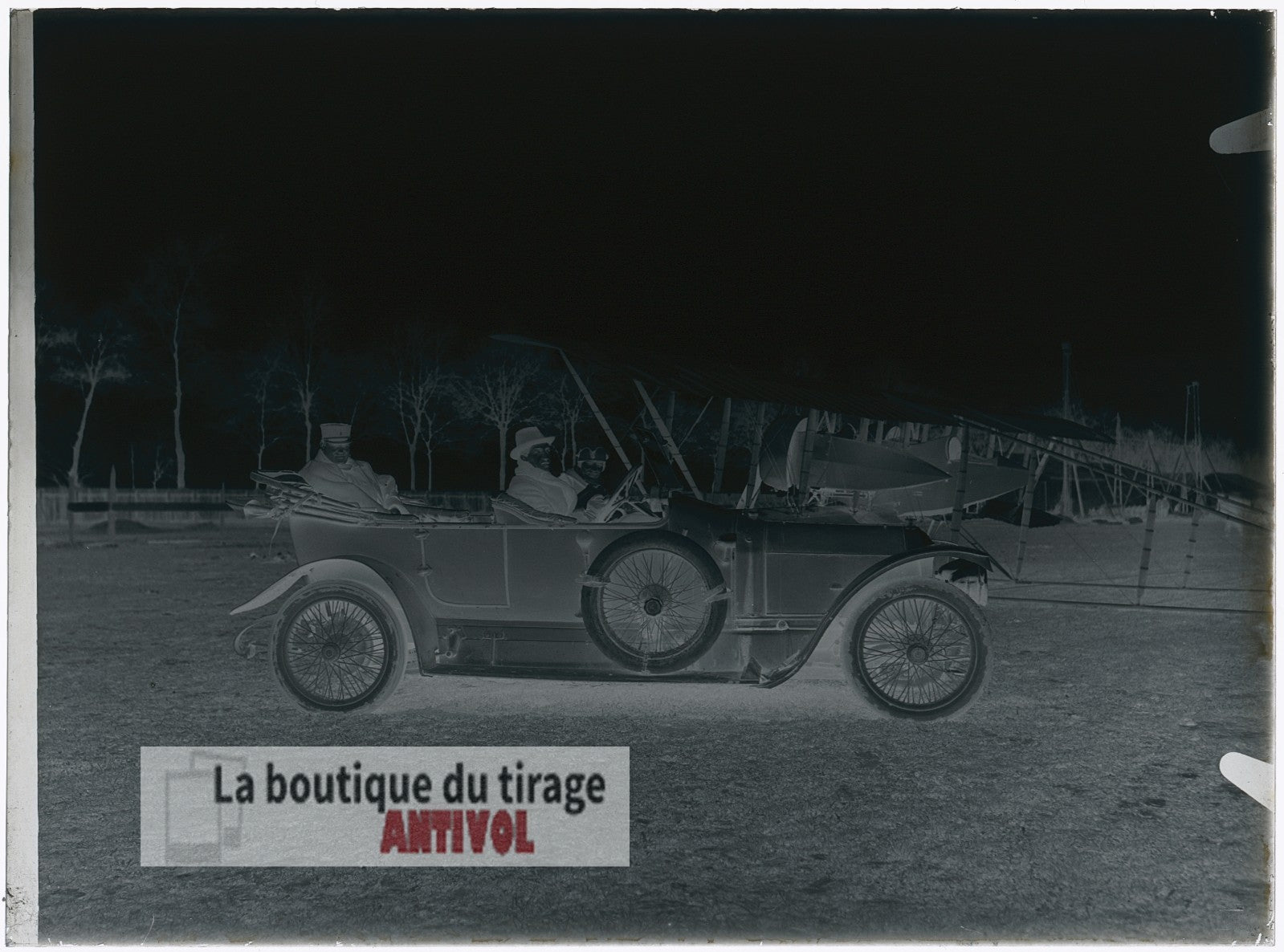 Voiture, avion biplan, civils, plaque verre, photo ancienne, négatif 9x12 cm