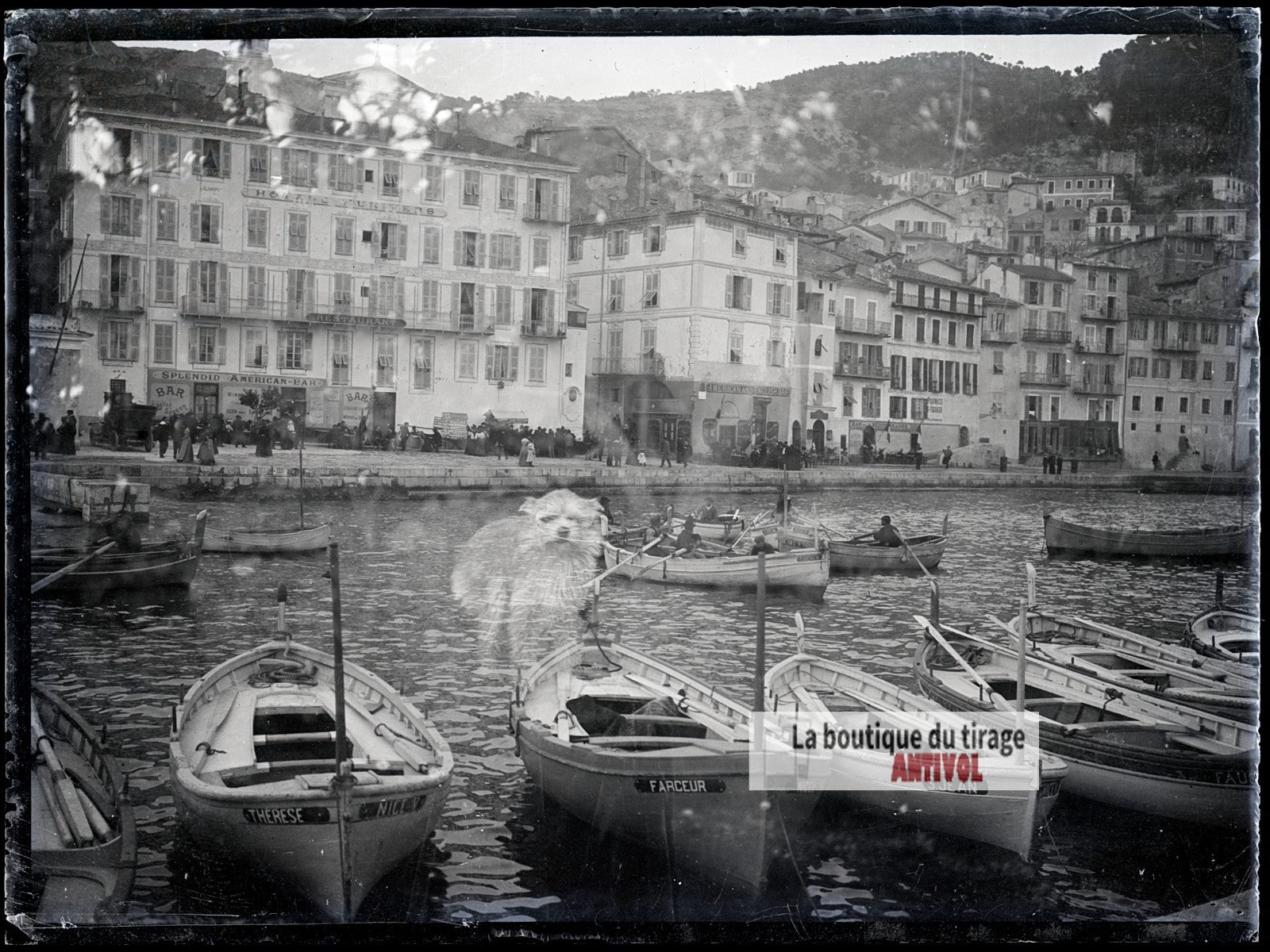 Le port de Villefranche-sur-Mer, plaque verre photo ancienne, négatif 9x12 cm