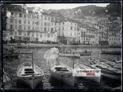 Le port de Villefranche-sur-Mer, plaque verre photo ancienne, négatif 9x12 cm