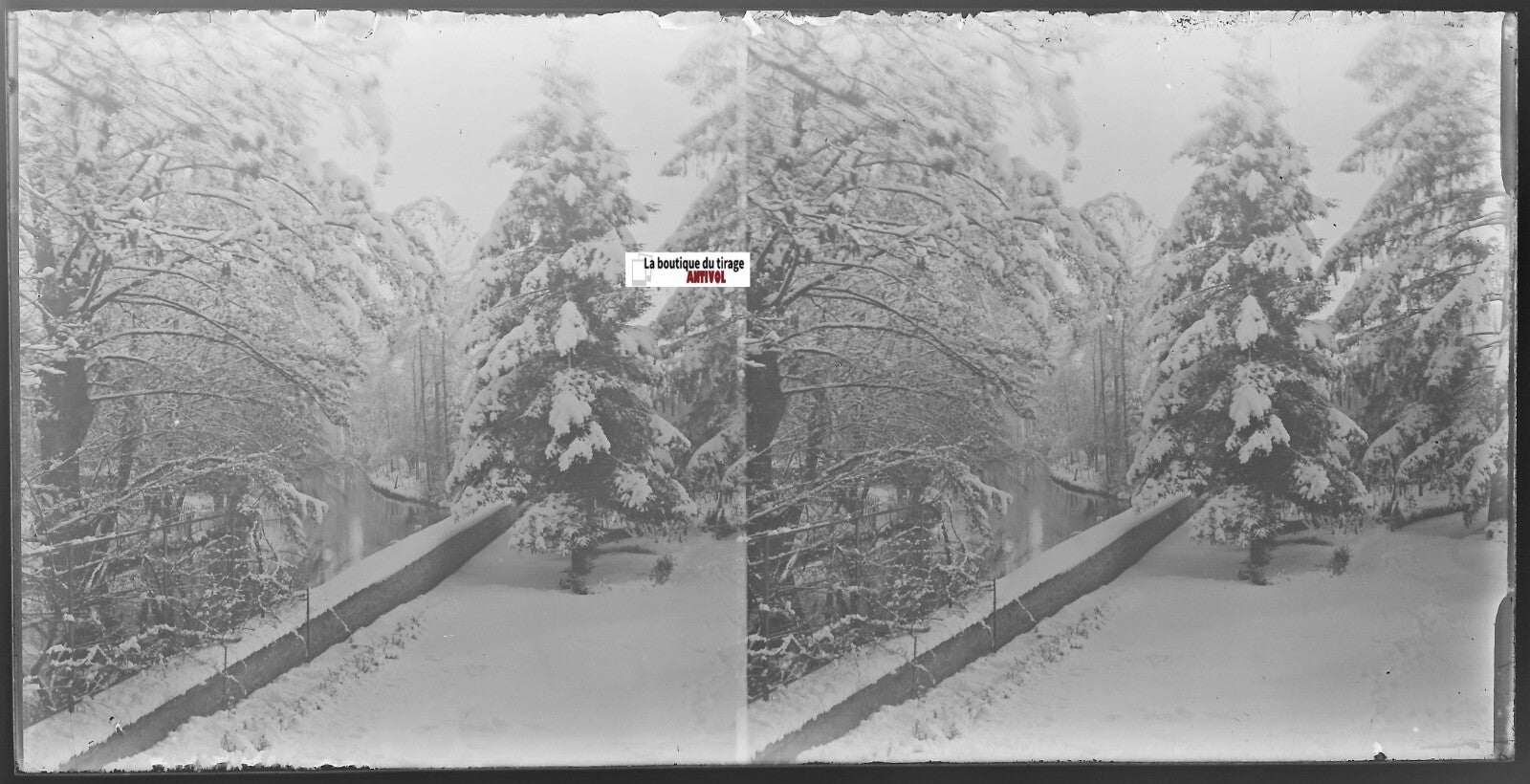 Hiver, neige, Plaque verre photo ancienne, stéréo négatif noir & blanc 9x18 cm