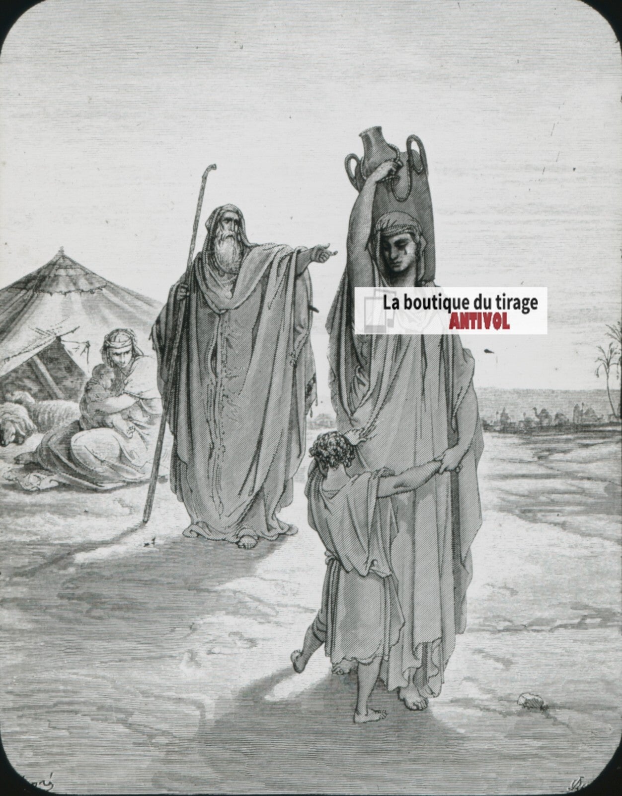 Histoire, Bible Doré, dessin, plaque de verre, noir & blanc, positif 8,5x10 cm