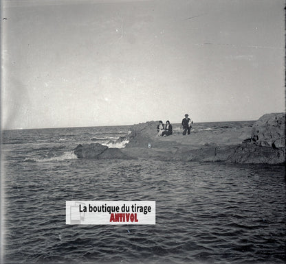 Algérie, mer, plaque verre, photo stéréoscopie, négatif noir & blanc 6x13 cm