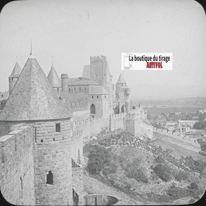 Cité de Carcassonne, photo plaque verre, noir et blanc, positif 8,5x10 cm