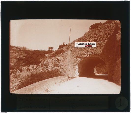 Tunnel du Gourdon, Vaucluse, photo plaque verre, sépia, positif 8,5x10 cm