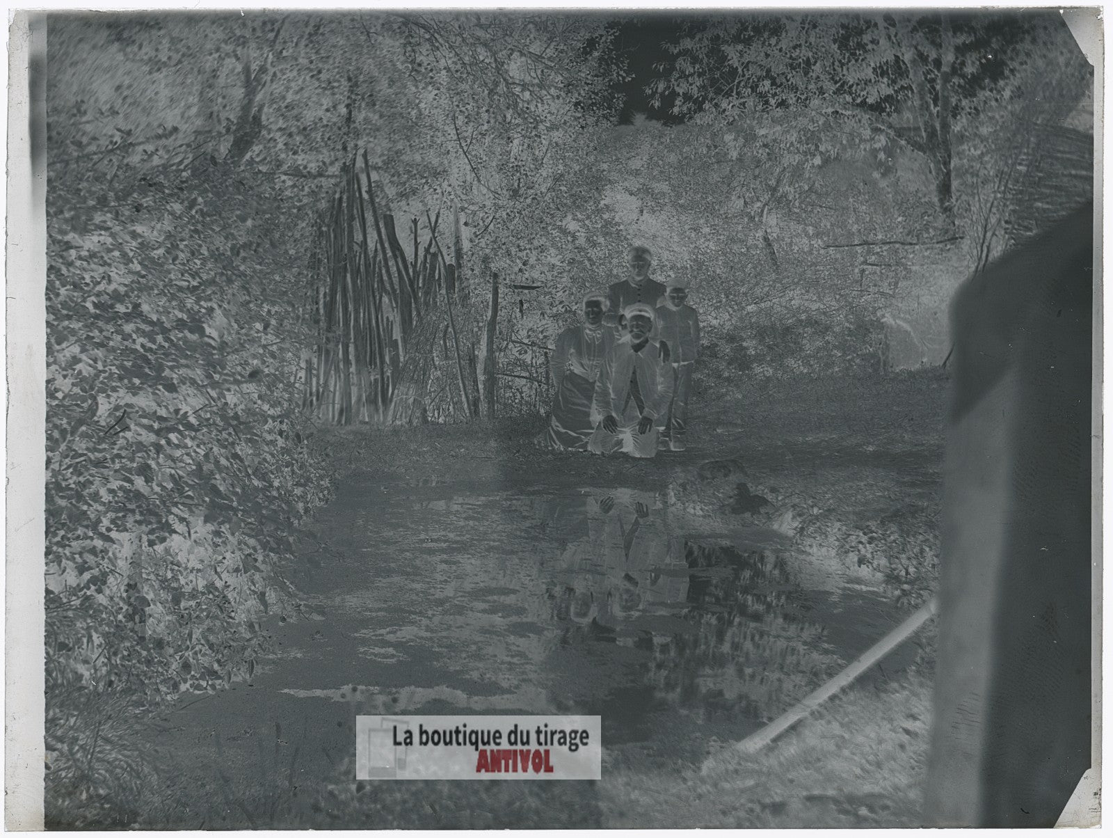Portrait de famille, eau, plaque verre, photo ancienne, négatif 9x12 cm