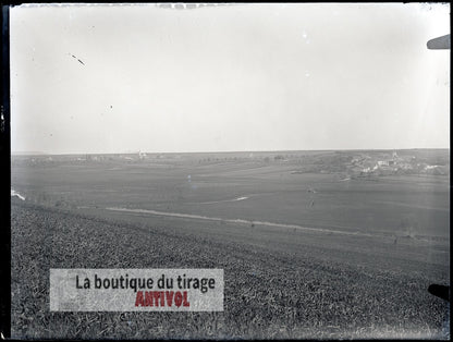Panorama rural, France, village, plaque verre, photo ancienne, négatif 9x12 cm