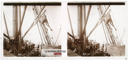 Embarquement de chevaux, bateau, plaque de verre, photo ancienne stéréo 6x13 cm