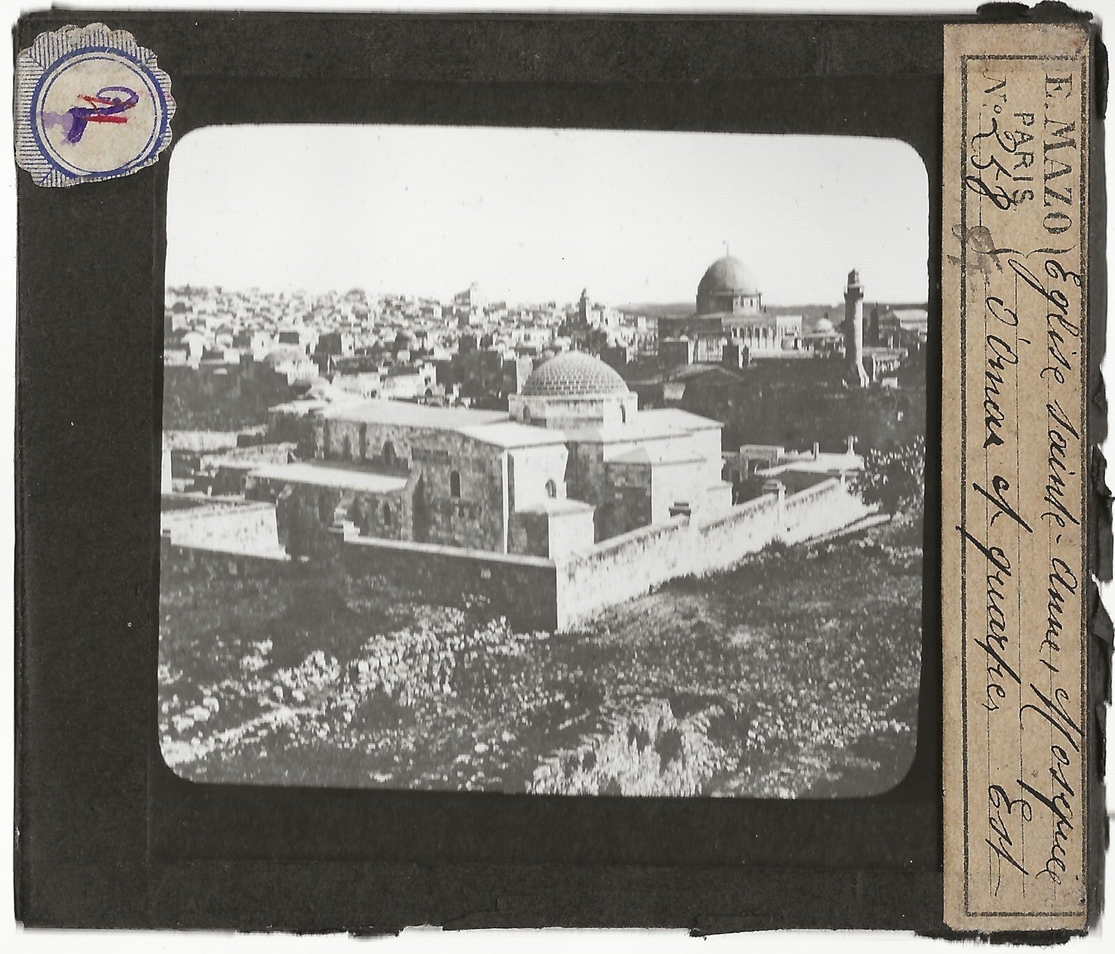 Eglise, mosquée, Jérusalem, photo ancienne, plaque de verre, positif 8,5x10 cm