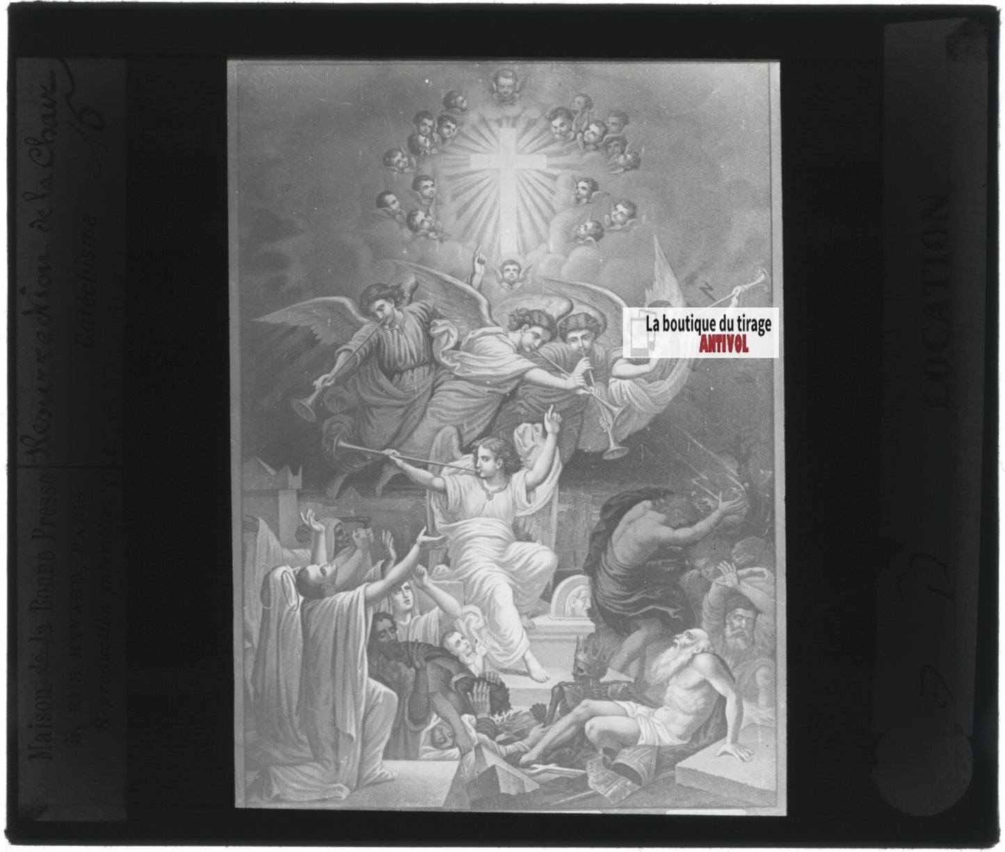 Scène religieuse, catéchisme, dessin peinture, plaque verre, positif 8,5x10 cm