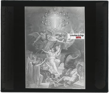 Scène religieuse, catéchisme, dessin peinture, plaque verre, positif 8,5x10 cm