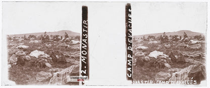 Camp d’évacués à Monastir, guerre WW1, plaque verre stéréo, photo 4,5x10,7 cm