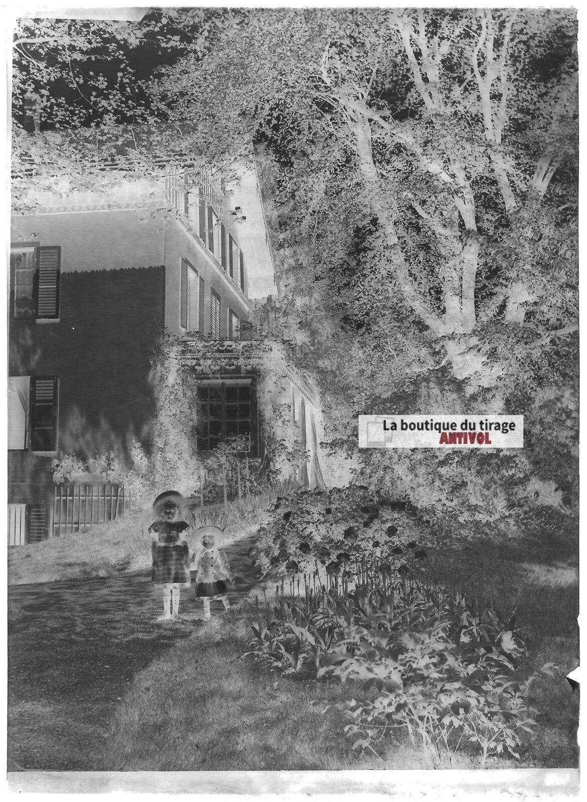 Plaque verre photo ancienne négatif noir et blanc 13x18 cm enfants maison jardin