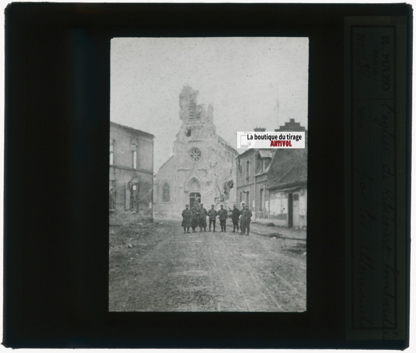 Ribécourt bombardé, guerre, photo plaque verre, noir & blanc, positif 8,5x10 cm