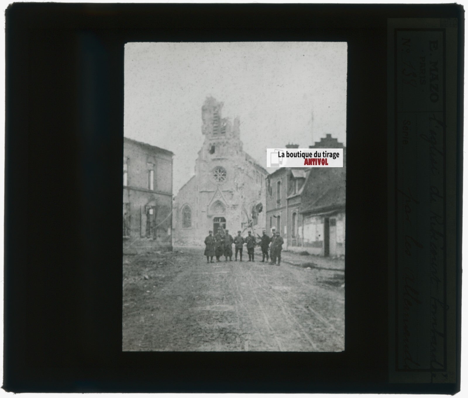 Ribécourt bombardé, guerre, photo plaque verre, noir & blanc, positif 8,5x10 cm