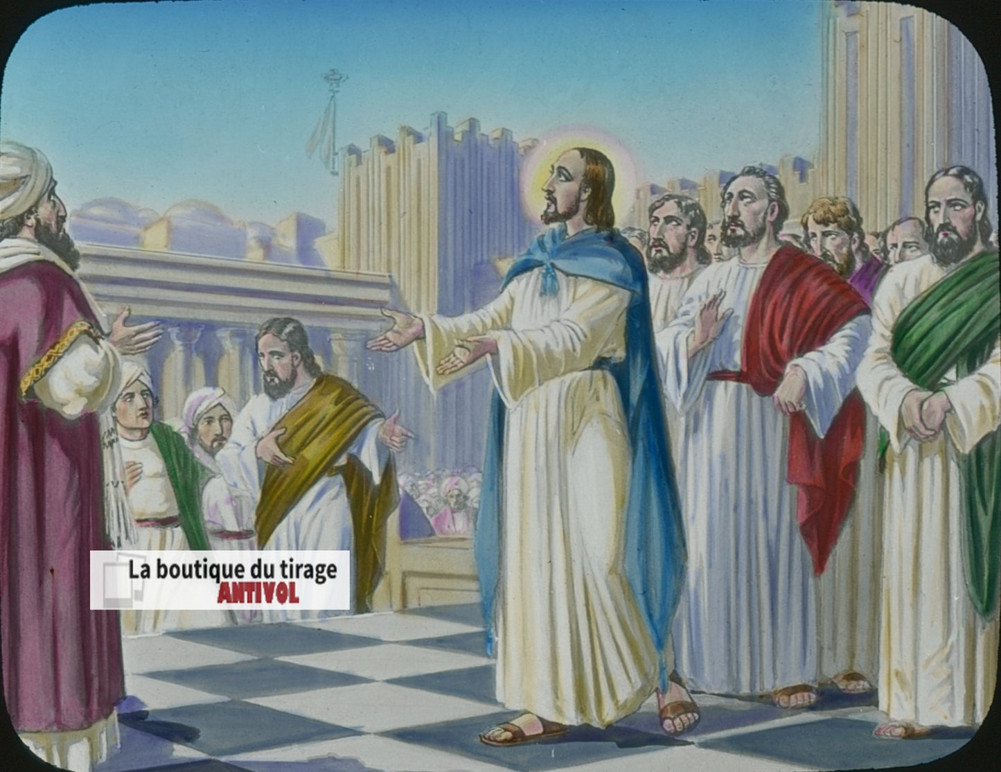 Le témoignage du Père, Jésus, dessin, plaque verre ancienne, couleur 8,5x10 cm