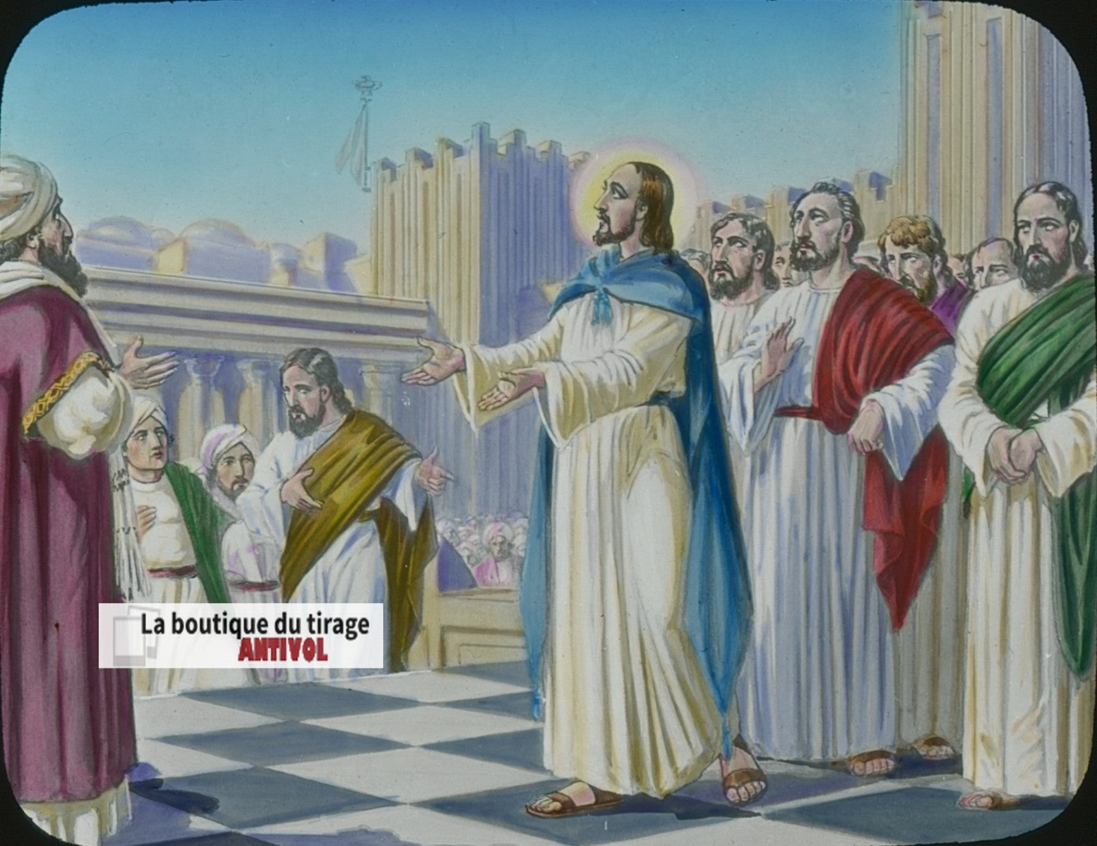 Le témoignage du Père, Jésus, dessin, plaque verre ancienne, couleur 8,5x10 cm