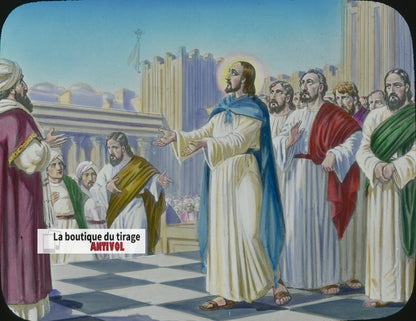 Le témoignage du Père, Jésus, dessin, plaque verre ancienne, couleur 8,5x10 cm