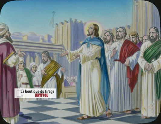 Le témoignage du Père, Jésus, dessin, plaque verre ancienne, couleur 8,5x10 cm