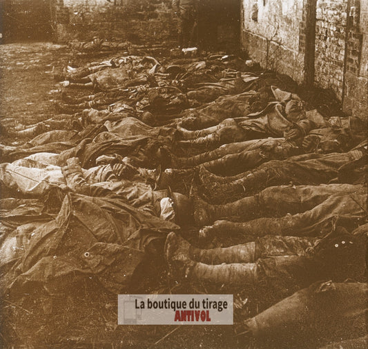 Montgarny, cadavres français, WW1, plaque verre photo ancienne stéréo 6x13 cm
