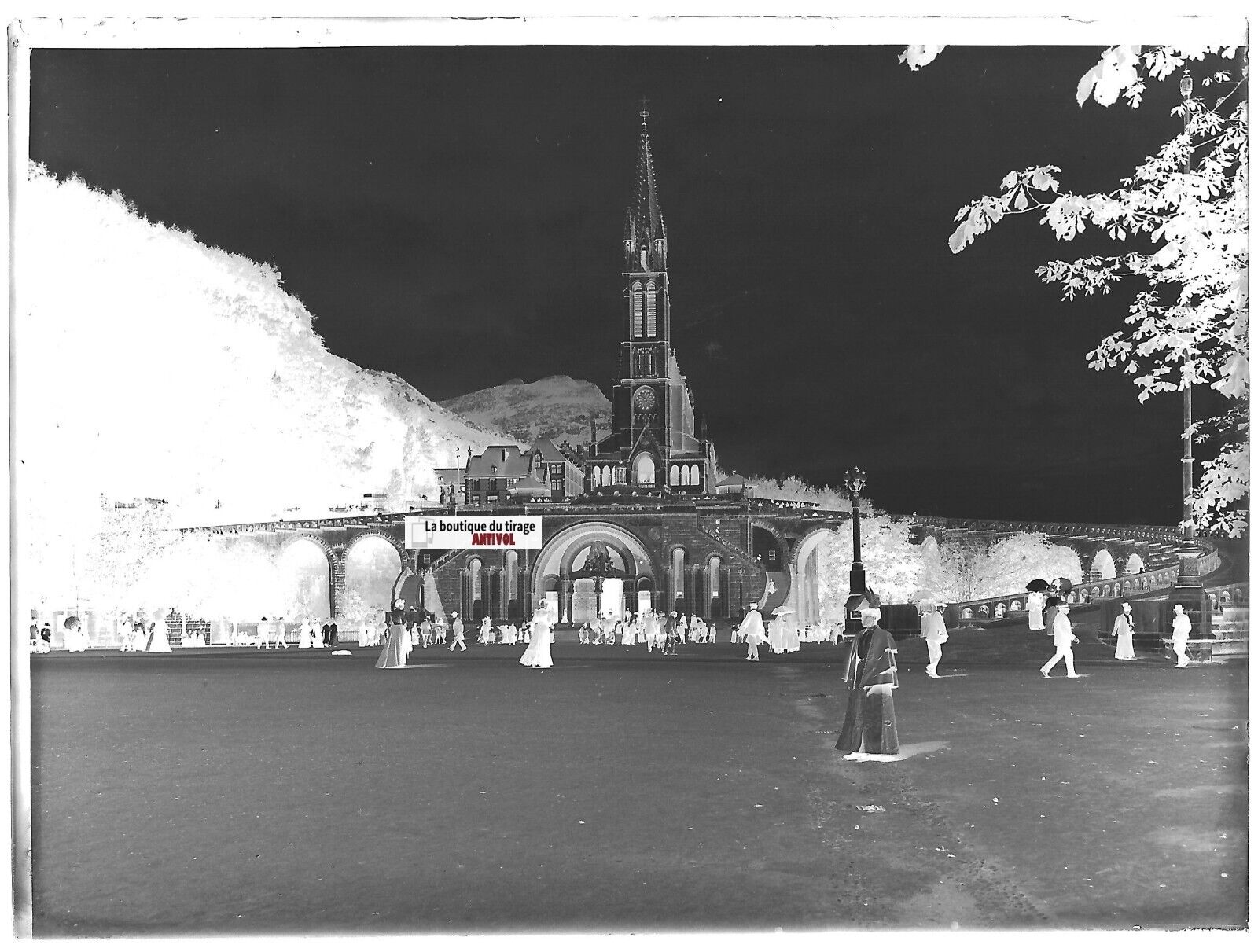 Lourdes, basilique, Plaque verre photo ancienne, négatif noir & blanc 9x12 cm