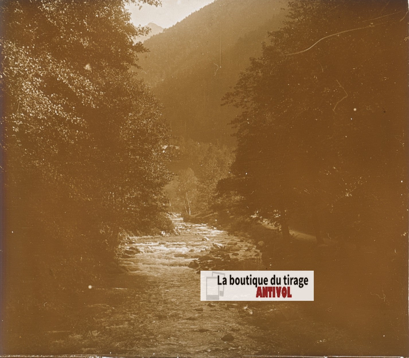 Vallée du Lys, Pont de Ravi, plaque verre, photo stéréo, sépia 6x13 cm