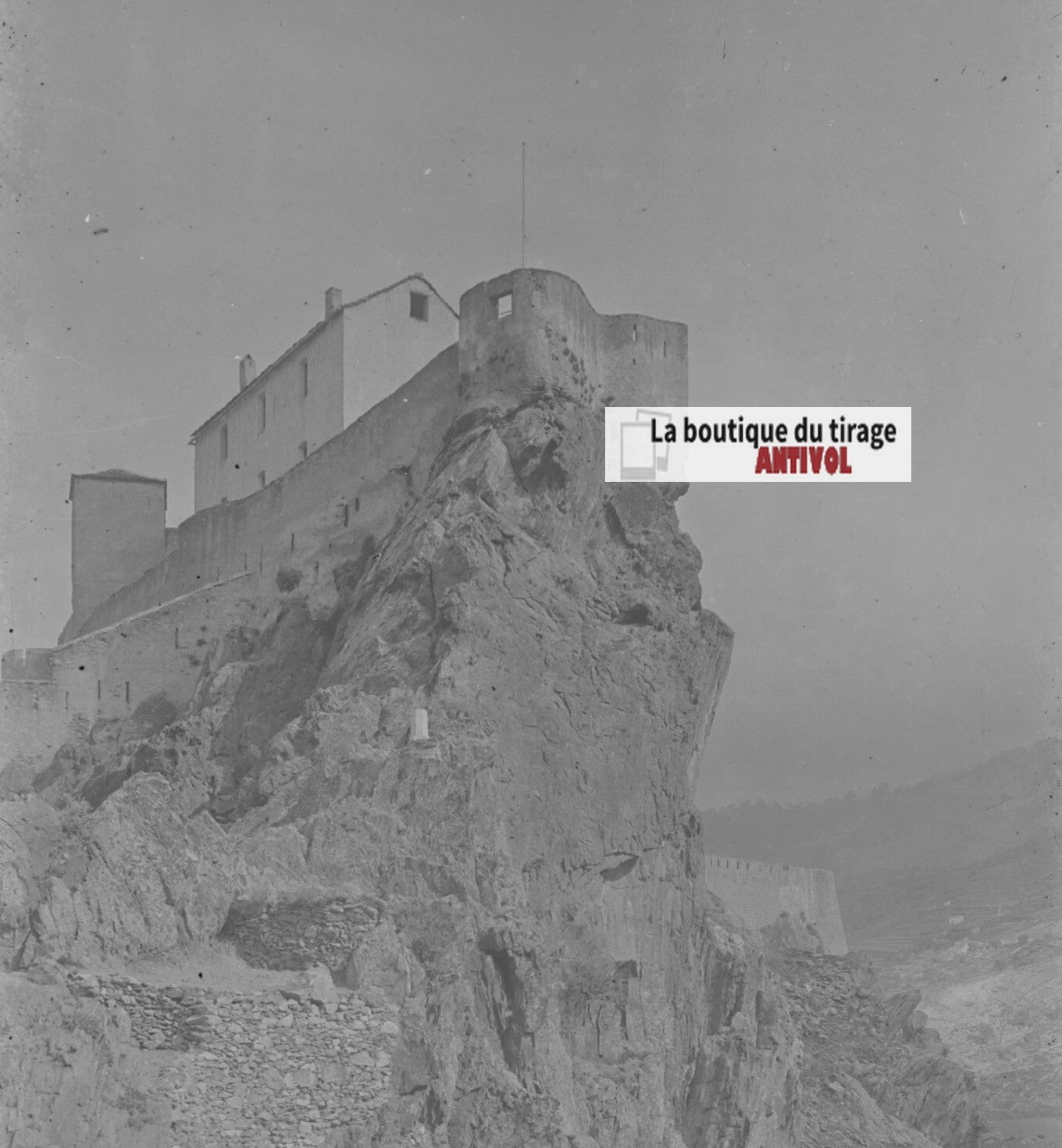 Citadelle de Corte, Corse paysage, photo ancienne plaque verre, négatif 8x18 cm