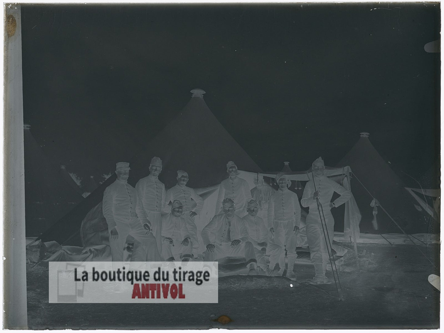 Groupe de soldats, campement, plaque verre, photo ancienne, négatif 9x12 cm