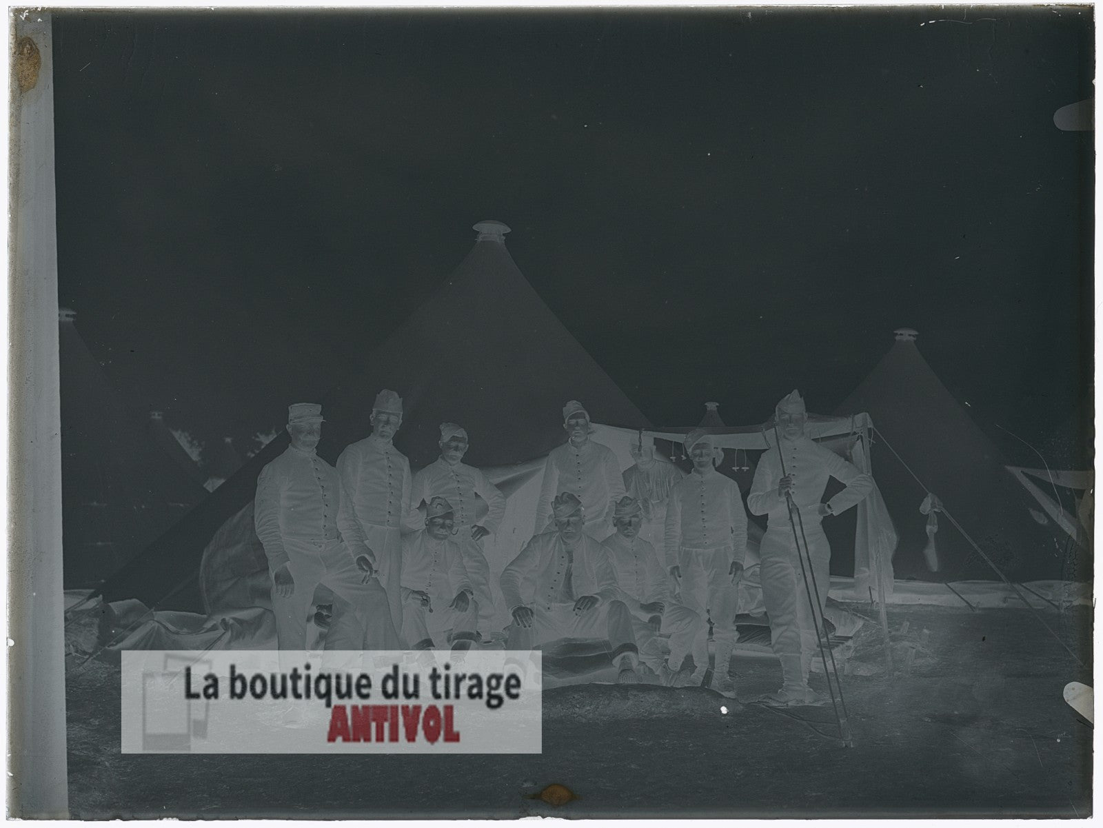 Groupe de soldats, campement, plaque verre, photo ancienne, négatif 9x12 cm