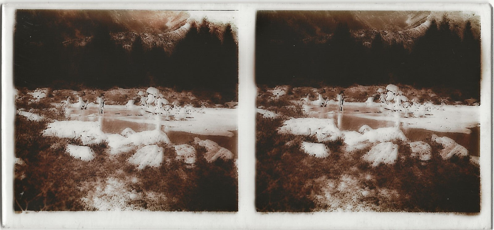 Montagne, baignade, Plaque verre photo stéréo, positif noir & blanc 6x13 cm