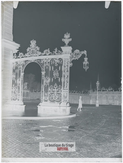 Place Stanislas, neige, Nancy, plaque verre, photo ancienne, négatif 9x12 cm