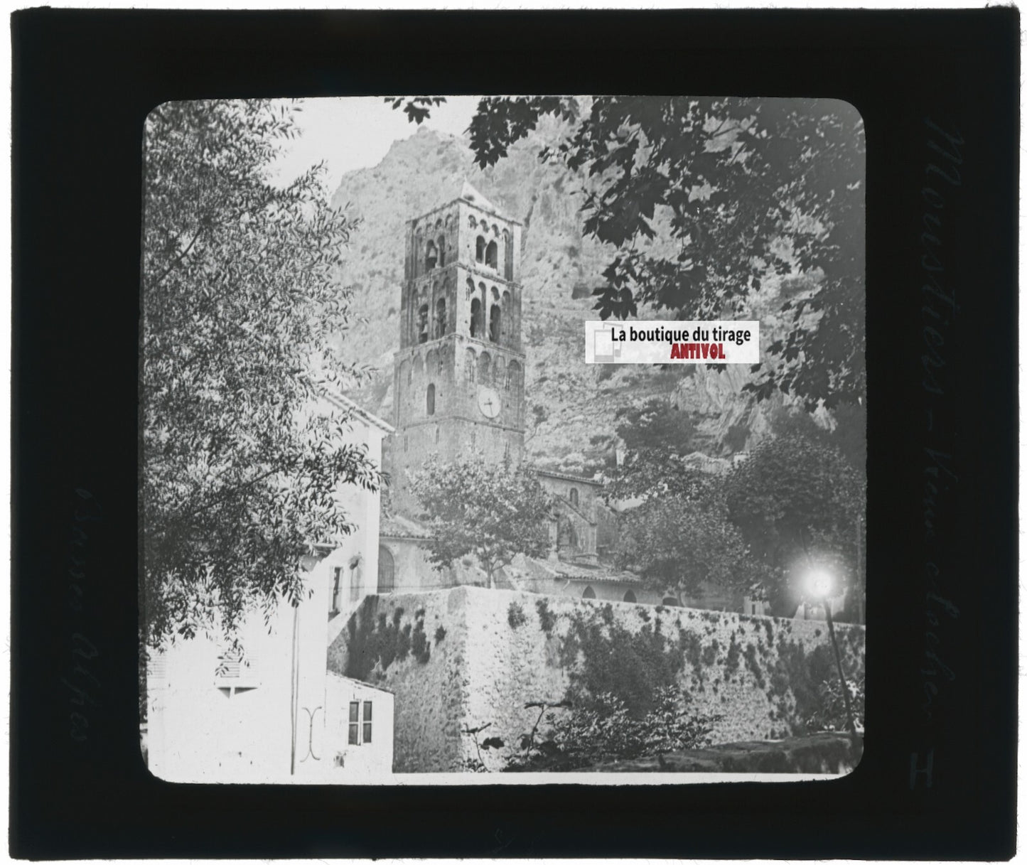 Moustiers-Sainte-Marie, clocher, photo ancienne plaque verre, positif 8,5x10 cm