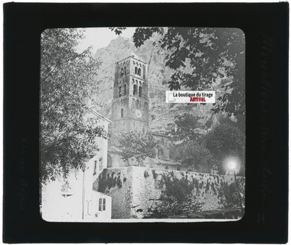 Moustiers-Sainte-Marie, clocher, photo ancienne plaque verre, positif 8,5x10 cm