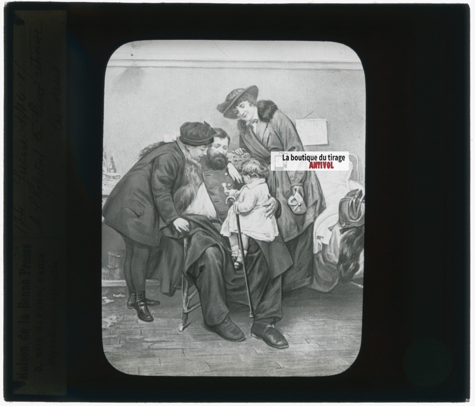 Dessin Guerre 14-18 retrouvailles, plaque verre, noir & blanc, positif 8,5x10 cm