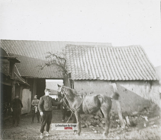 Soldat cheval, Front français, WW1, plaque verre photo ancienne stéréo 6x13 cm