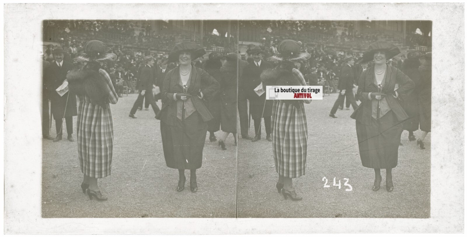 Personnages, Longchamp, Paris, plaque verre stéréoscopique, positif 8,5x17 cm