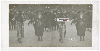 Personnages, Longchamp, Paris, plaque verre stéréoscopique, positif 8,5x17 cm