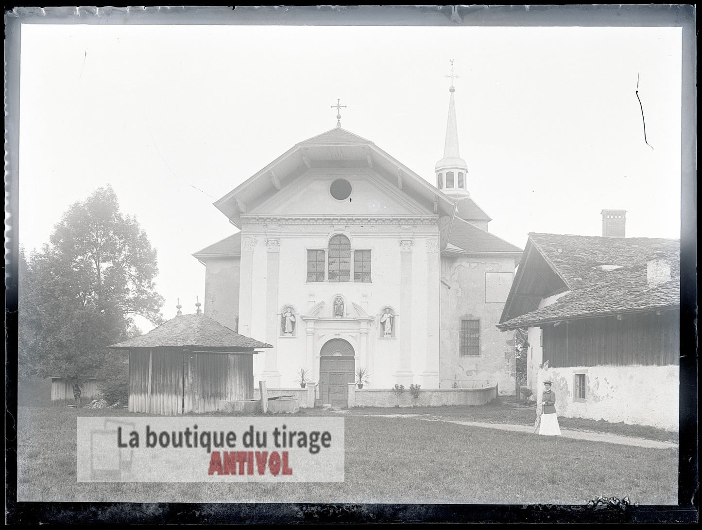 Eglise Saint-Nicolas de Véroce, plaque verre, photo ancienne, négatif 9x12 cm