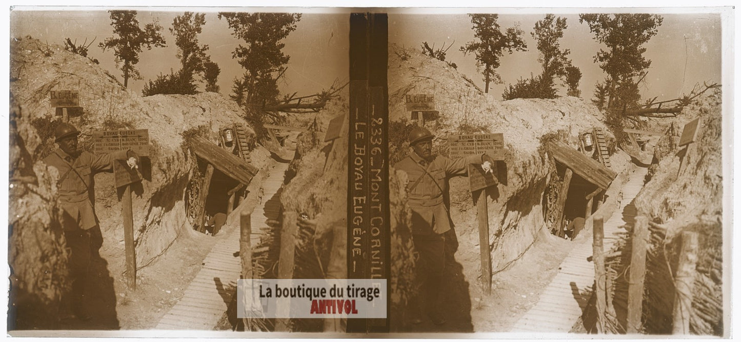 Mont Cornillet, boyau Eugène, WW1, plaque verre photo ancienne stéréo 6x13 cm