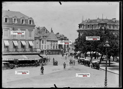 Tarbes, voitures, café, photos plaque de verre, lot de 4 négatifs 13x18 cm