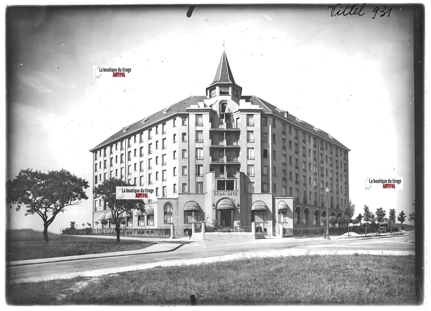 Plaque verre photo positif noir et blanc 13x18 cm Vittel Vosges Beau-Site hôtel
