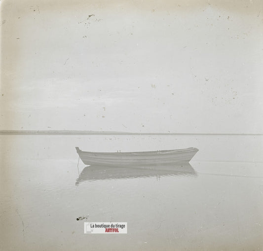 Baie du Mont-Saint-Michel, barque bateau, plaque verre stéréo, photo 4,5x10,7 cm